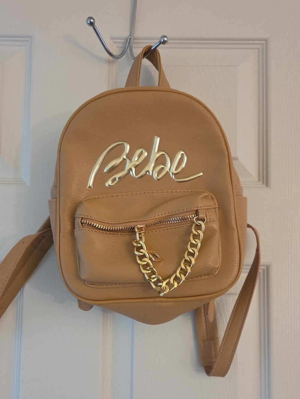 bebe Camel Mini Backpack with Gold Script Logo
